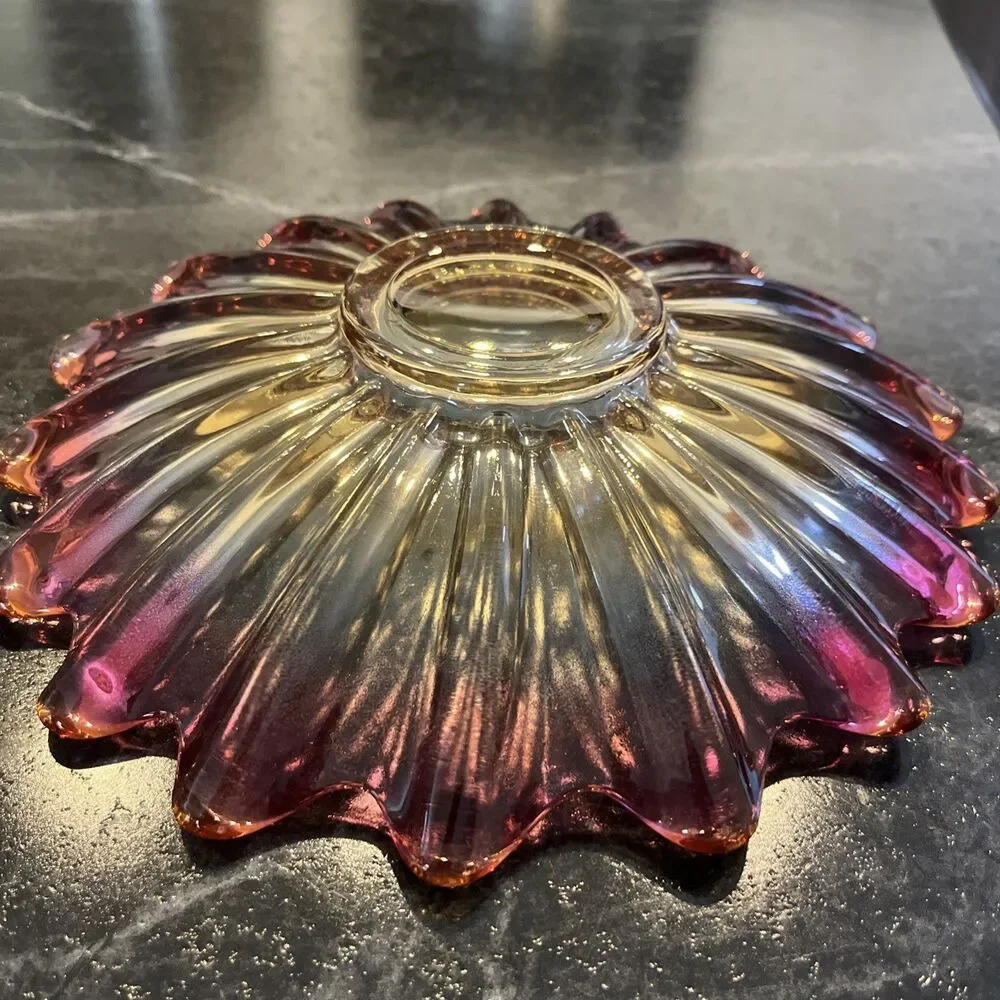 Vintage Federal Glass Celestial Sunburst Flower Plate In Iridescent Gem Tone
